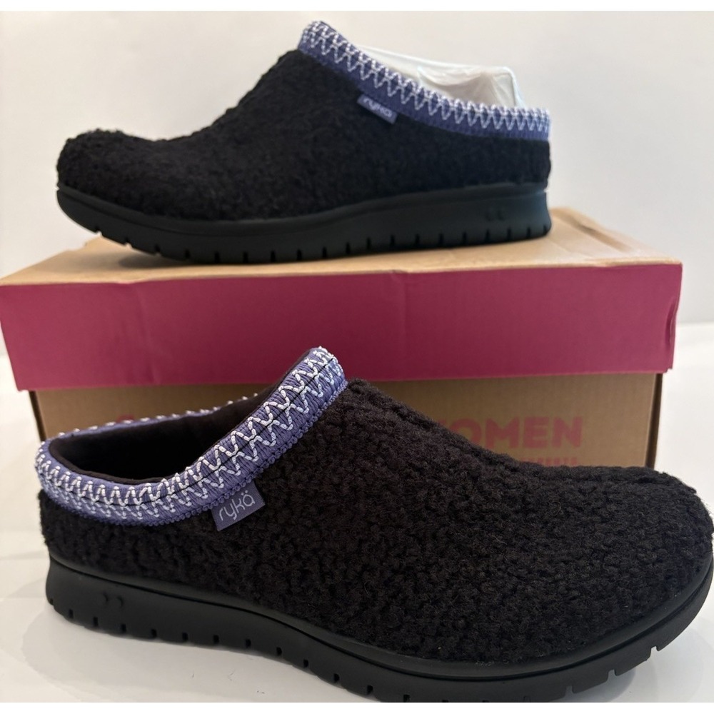 Ryka Stellar Cozy Women's Black Clog Slippers Wide Fabric 7W Stitching NWB